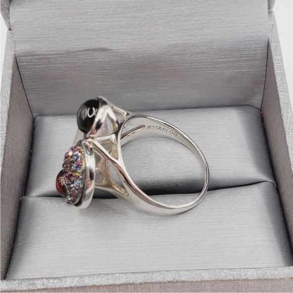 925 Sterling Silver Pink & Green Tourmaline - Pink & Druzy Quartz Statement Ring - Picture 3 of 8